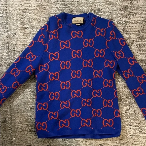 Gucci Royal Blue & Red GG Jacquard Crewneck Sweater - Picture 1 of 7